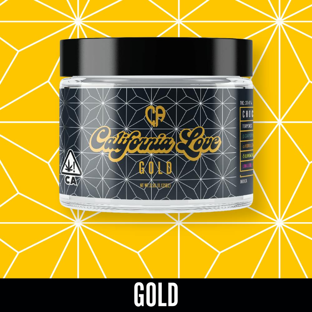 Featured image for “CALIFORNIA LOVE 3.5g Gold | GMO X Gush Mints [ I ] THC%”